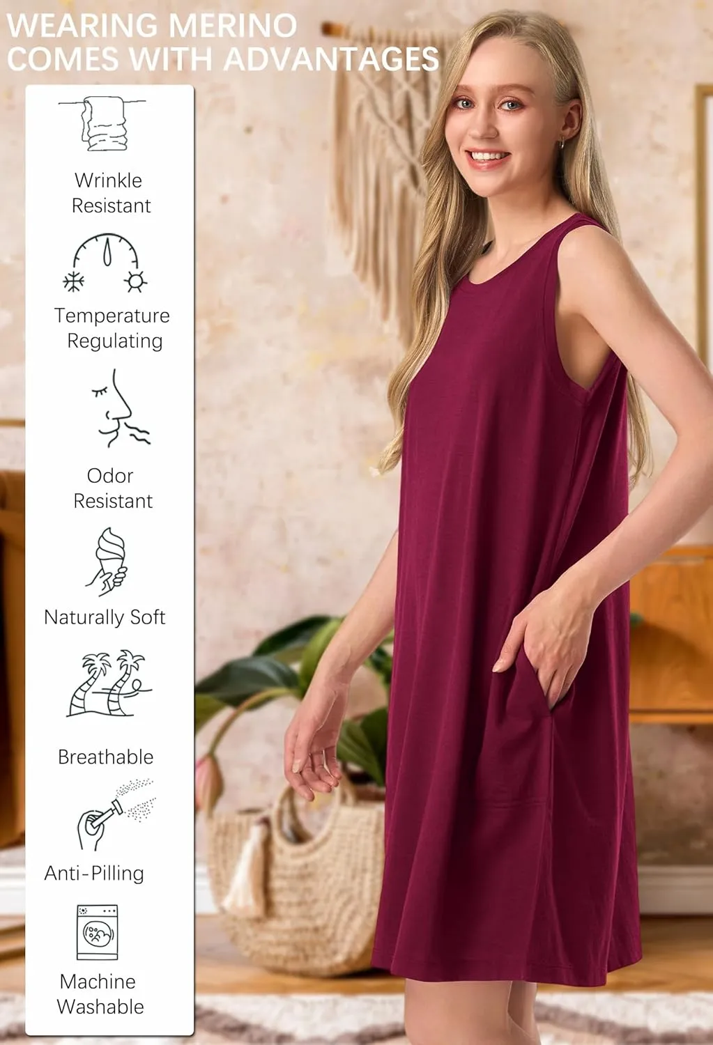 SIORO 100% Merino Wool Women's Sleeveless Dress Casual Solid Tank Dress for Women Knee-Length Summer Dresses with Pockets