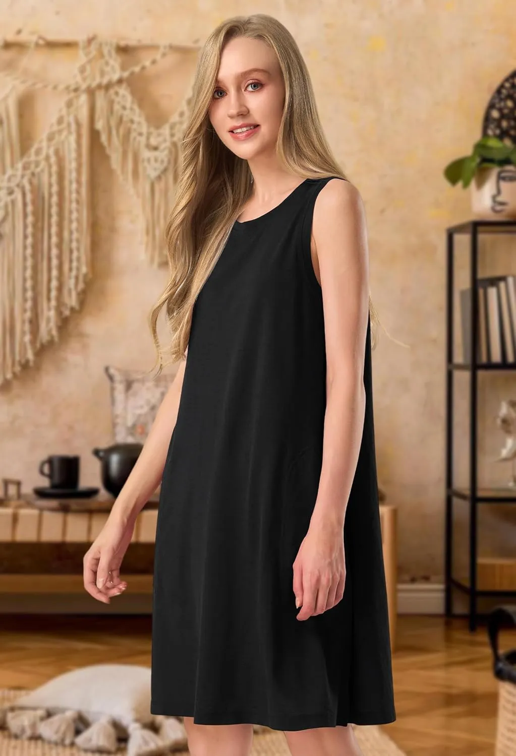 SIORO 100% Merino Wool Women's Sleeveless Dress Casual Solid Tank Dress for Women Knee-Length Summer Dresses with Pockets