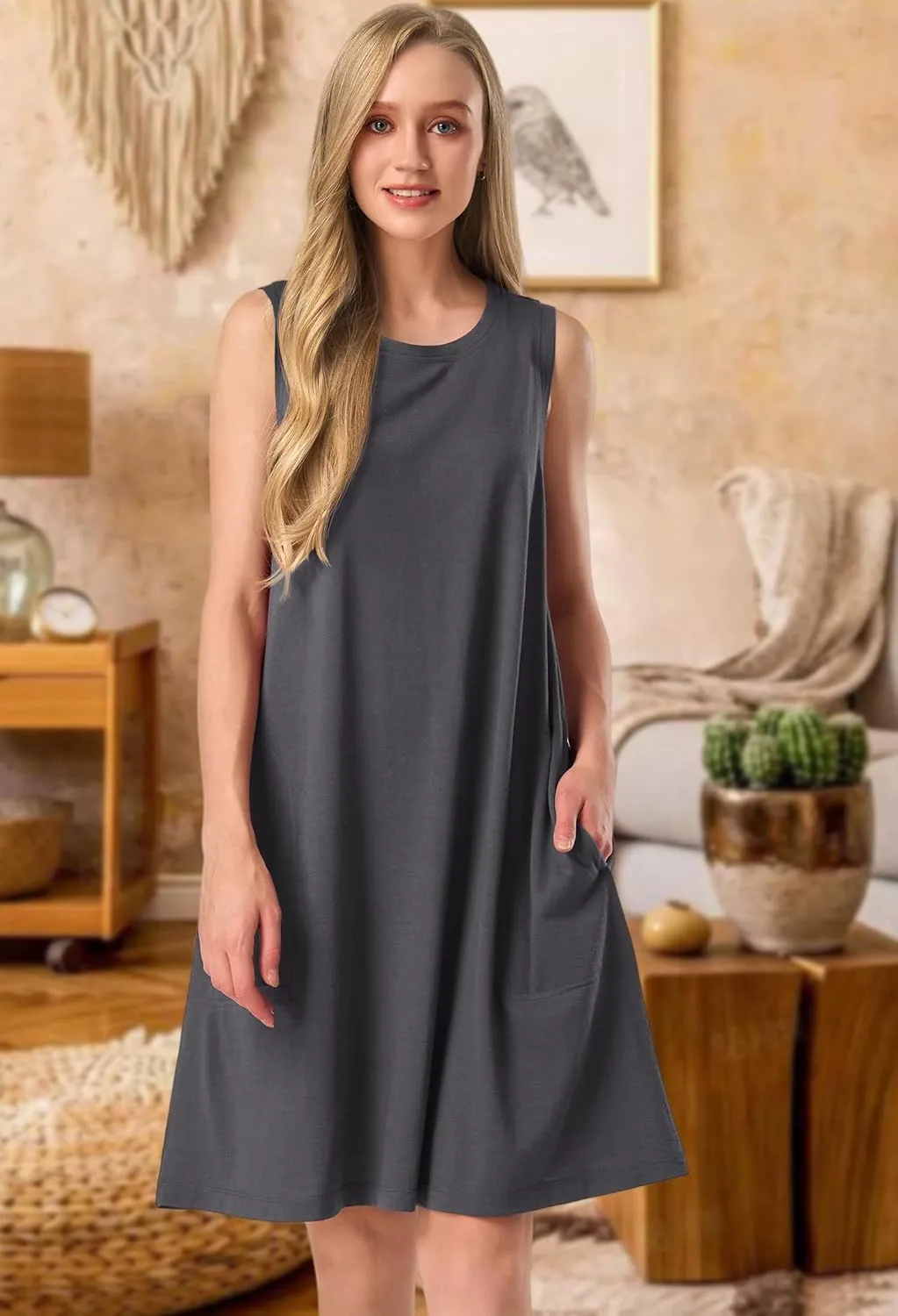 SIORO 100% Merino Wool Women's Sleeveless Dress Casual Solid Tank Dress for Women Knee-Length Summer Dresses with Pockets