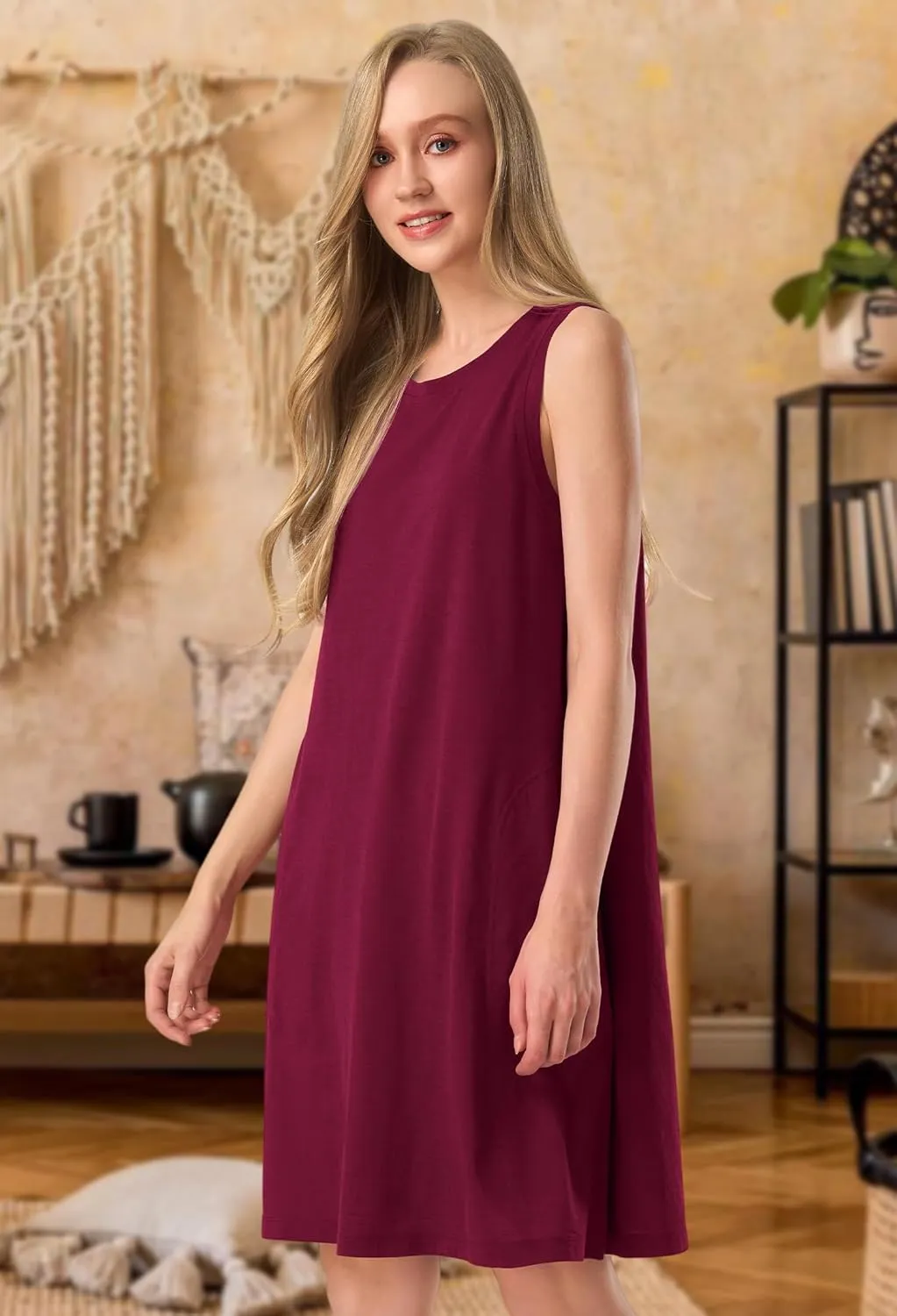 SIORO 100% Merino Wool Women's Sleeveless Dress Casual Solid Tank Dress for Women Knee-Length Summer Dresses with Pockets