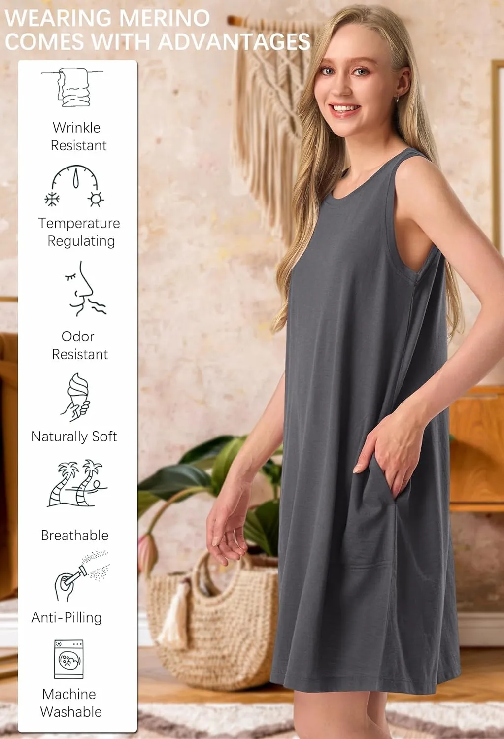 SIORO 100% Merino Wool Women's Sleeveless Dress Casual Solid Tank Dress for Women Knee-Length Summer Dresses with Pockets