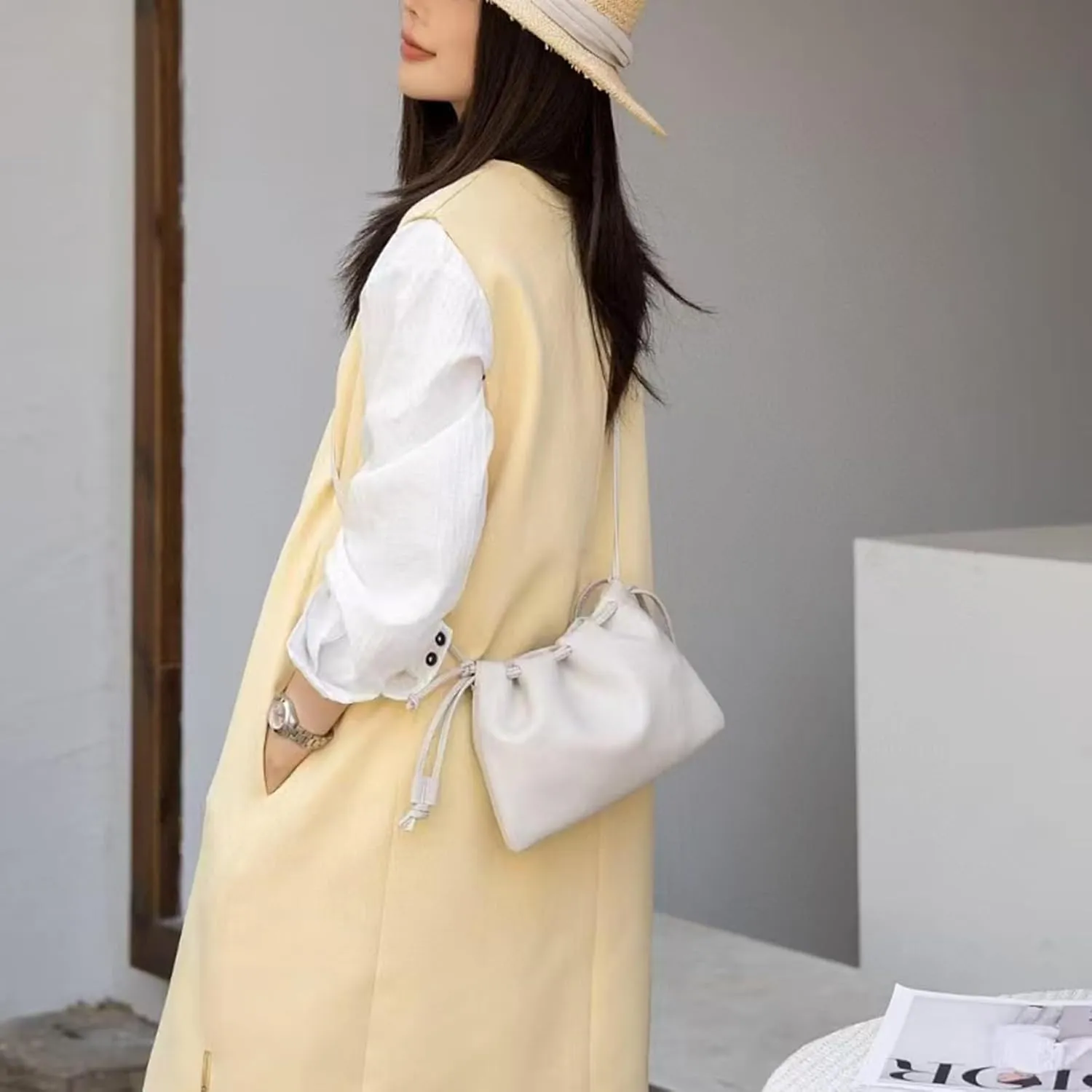 Soft Vegan genuine Leather Clutch Bag for women,fashion drawstring shoulder bag,folding bucket cloud crossbody bag.