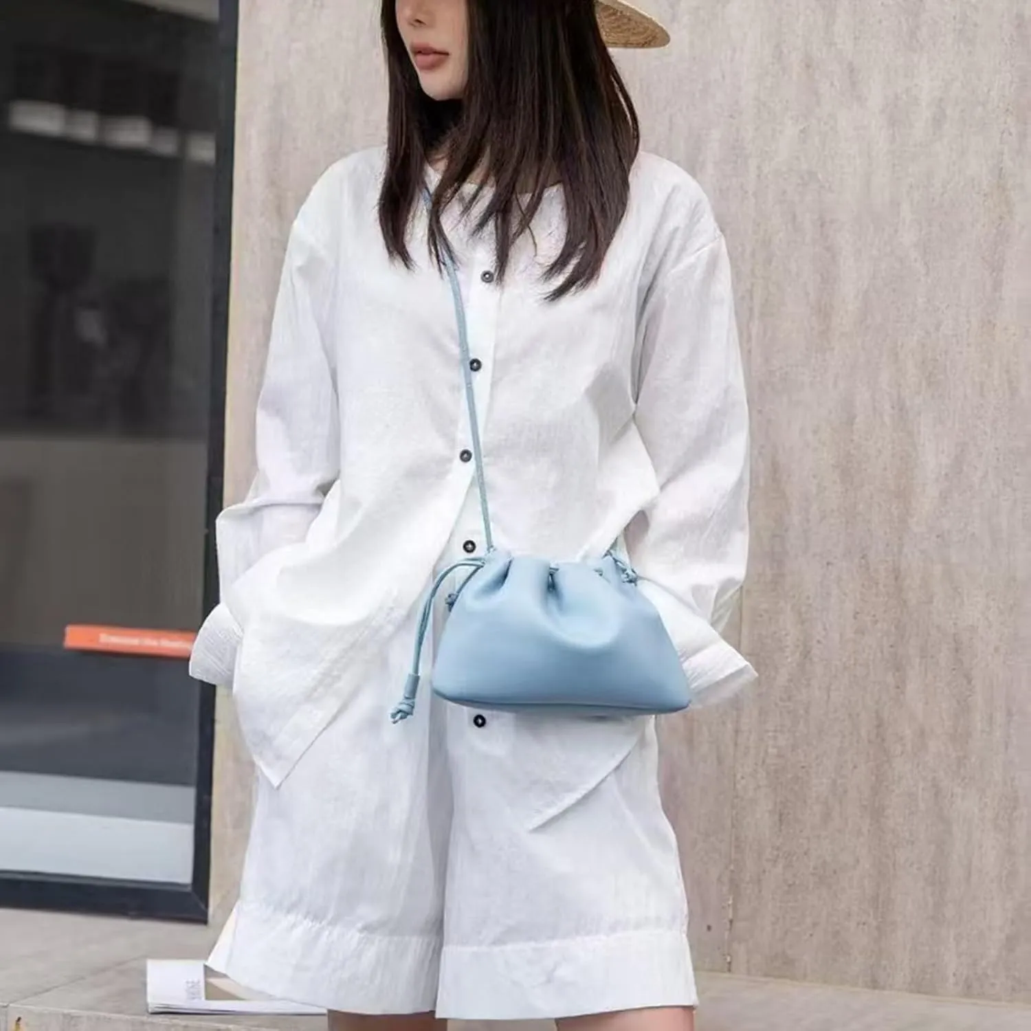 Soft Vegan genuine Leather Clutch Bag for women,fashion drawstring shoulder bag,folding bucket cloud crossbody bag.