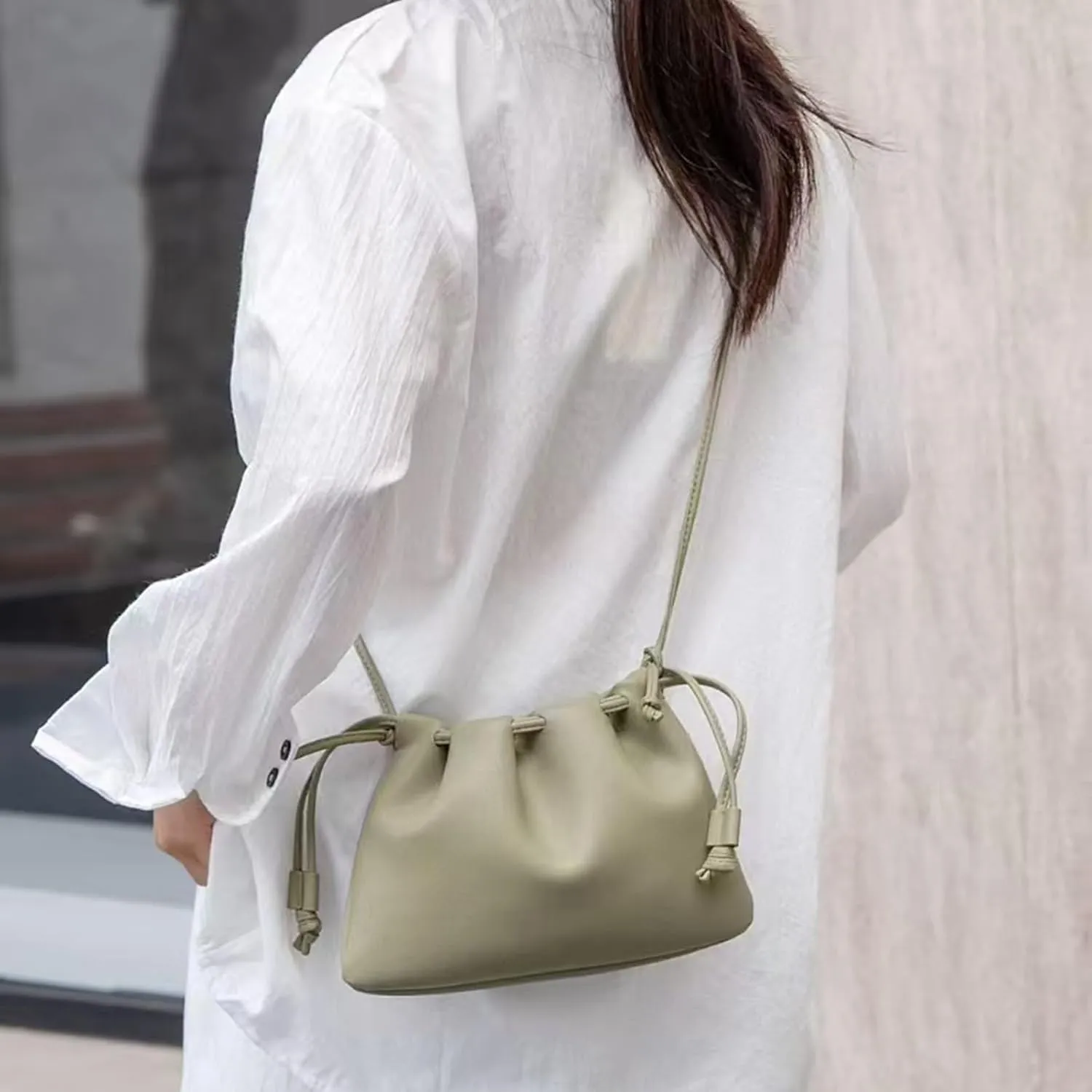 Soft Vegan genuine Leather Clutch Bag for women,fashion drawstring shoulder bag,folding bucket cloud crossbody bag.