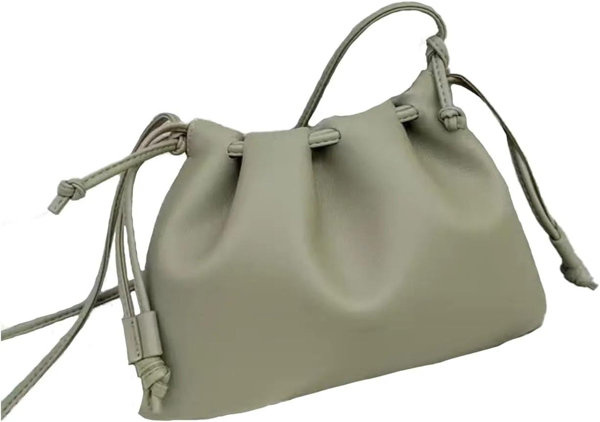 Soft Vegan genuine Leather Clutch Bag for women,fashion drawstring shoulder bag,folding bucket cloud crossbody bag.