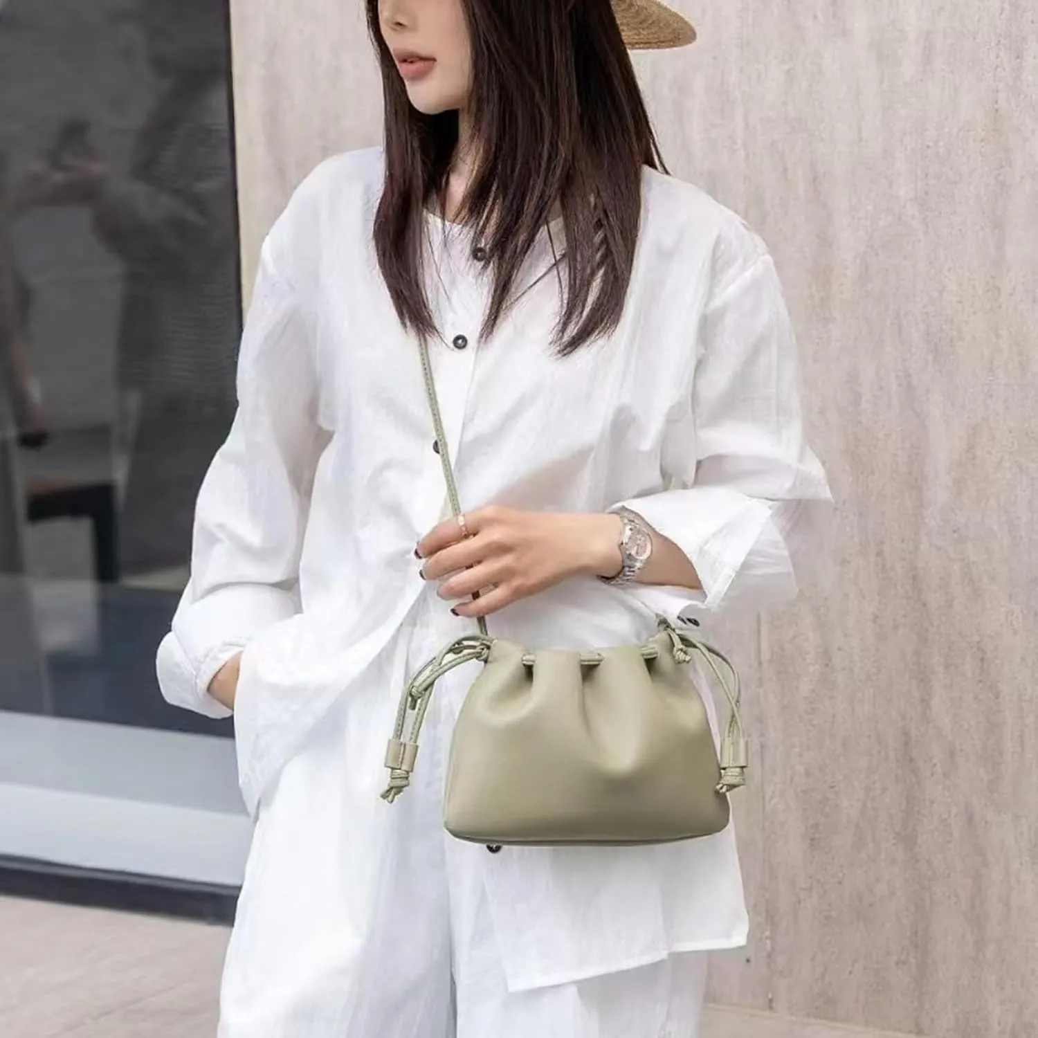 Soft Vegan genuine Leather Clutch Bag for women,fashion drawstring shoulder bag,folding bucket cloud crossbody bag.