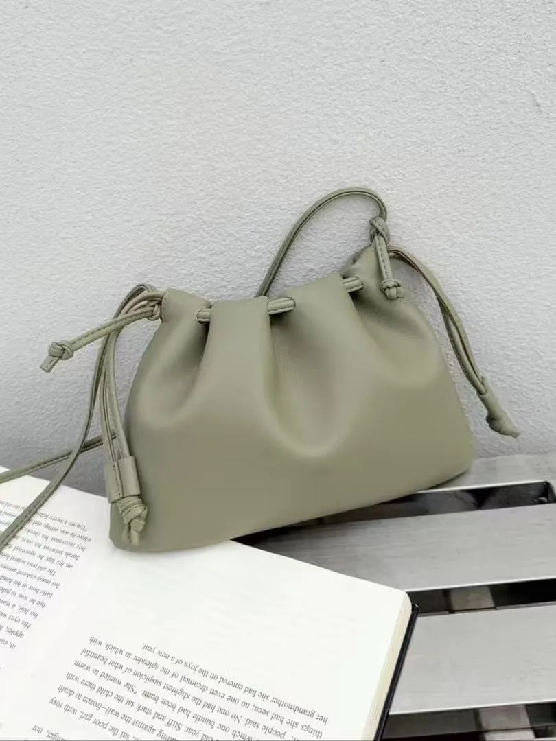 Soft Vegan genuine Leather Clutch Bag for women,fashion drawstring shoulder bag,folding bucket cloud crossbody bag.