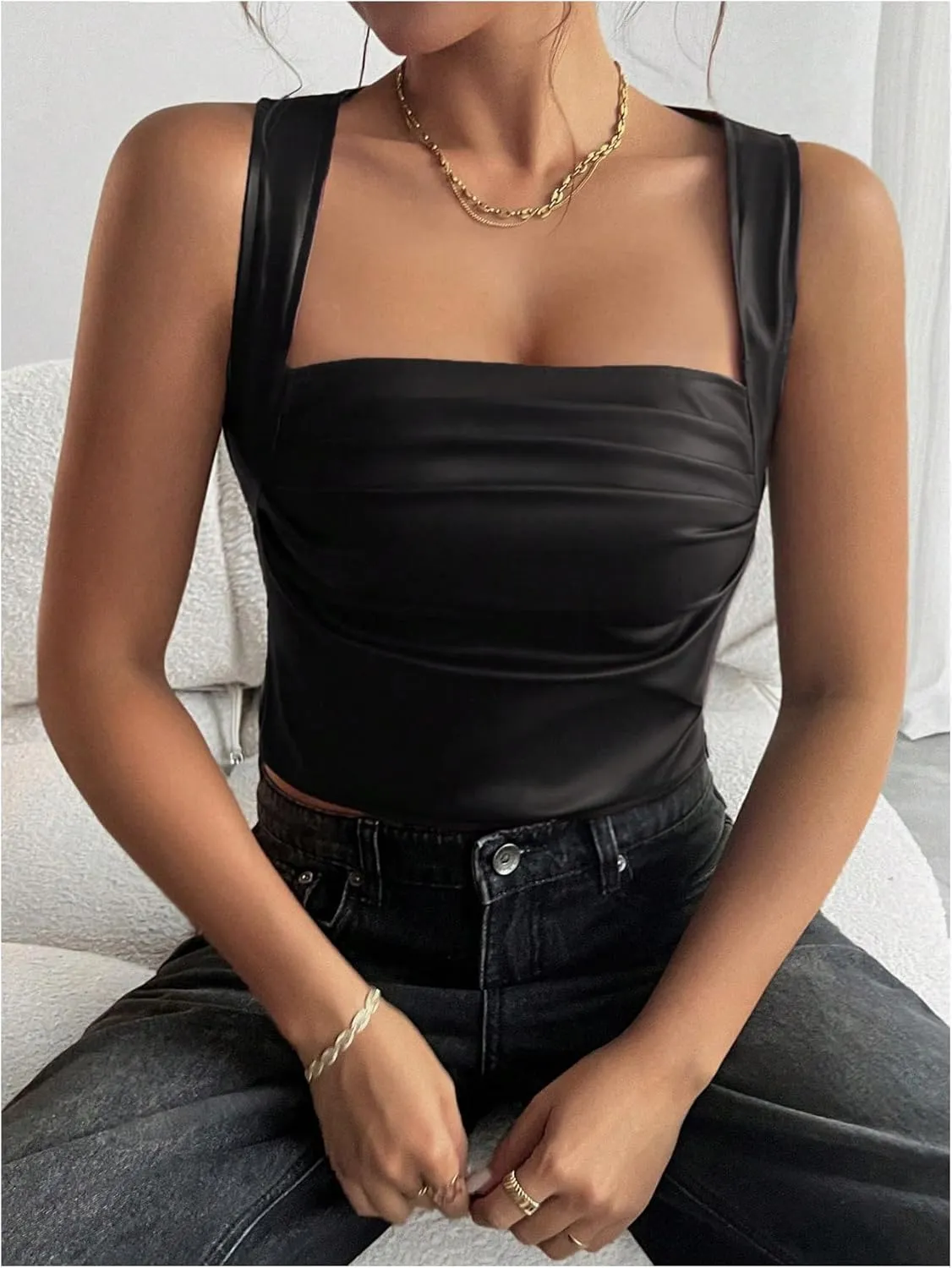 SOLY HUX Women's PU Leather Square Neck Tank Tops Sleeveless Slim Fitted Party Club Crop Top