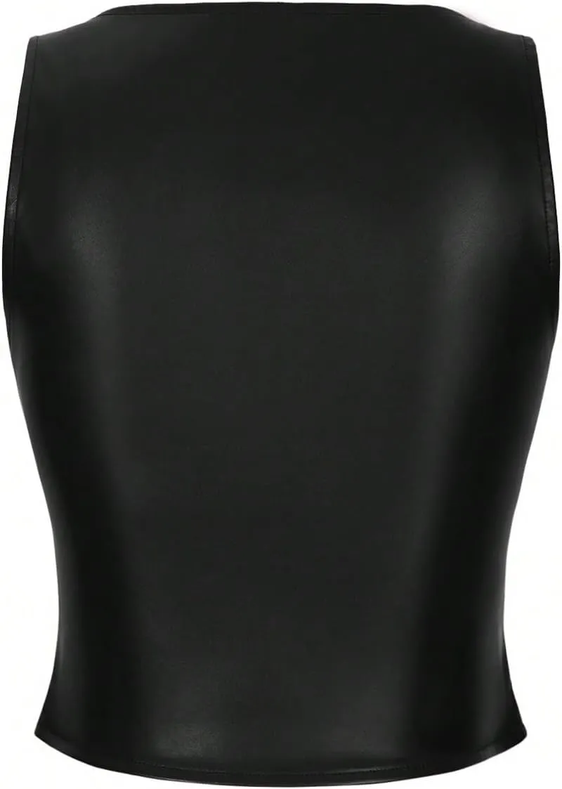 SOLY HUX Women's PU Leather Square Neck Tank Tops Sleeveless Slim Fitted Party Club Crop Top