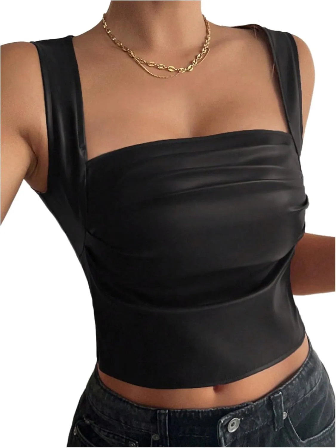 SOLY HUX Women's PU Leather Square Neck Tank Tops Sleeveless Slim Fitted Party Club Crop Top