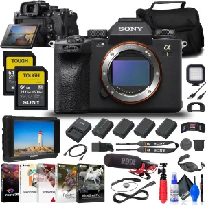 Sony a1 Mirrorless Camera (ILCE-1/B)   4K Monitor   Rode VideoMic   2 x 64GB Card   Bag   3 x NP-FZ100 Compatible Battery   LED Light   Corel Photo Software   Flex Tripod   Hand Strap   More (Renewed)