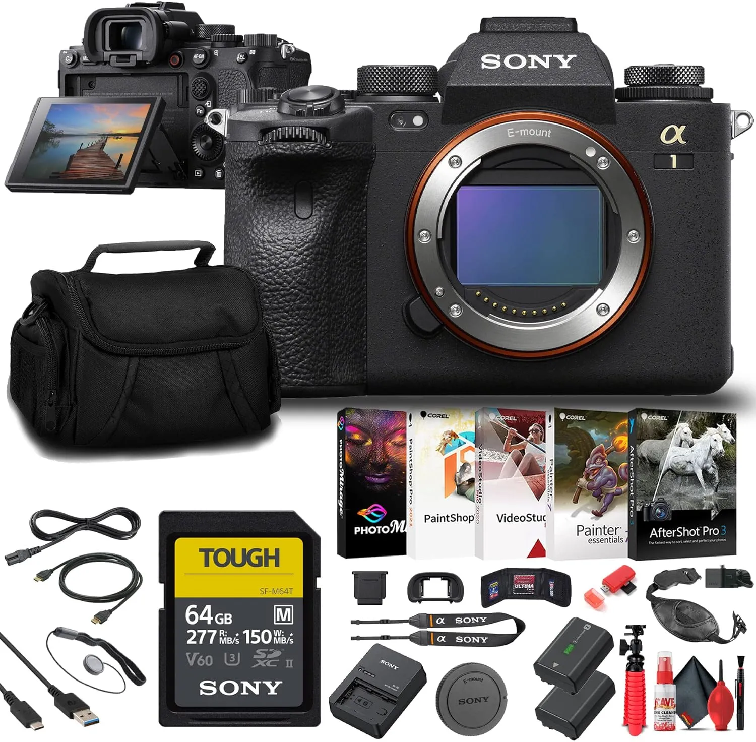 Sony a1 Mirrorless Camera (ILCE-1/B)   64GB Card   Bag   NP-FZ100 Compatible Battery   Corel Photo Software   Flex Tripod   Hand Strap   Memory Wallet   Cap Keeper   Cleaning Kit   More (Renewed)