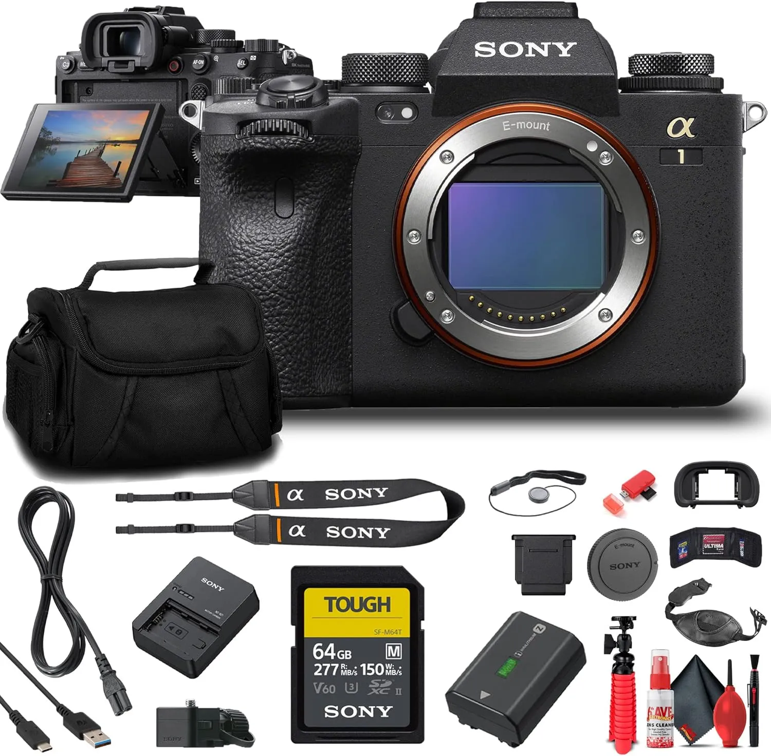 Sony a1 Mirrorless Camera (ILCE-1/B)   64GB Memory Card   Bag   Flex Tripod   Hand Strap   Memory Wallet   Cap Keeper   Cleaning Kit (Renewed)