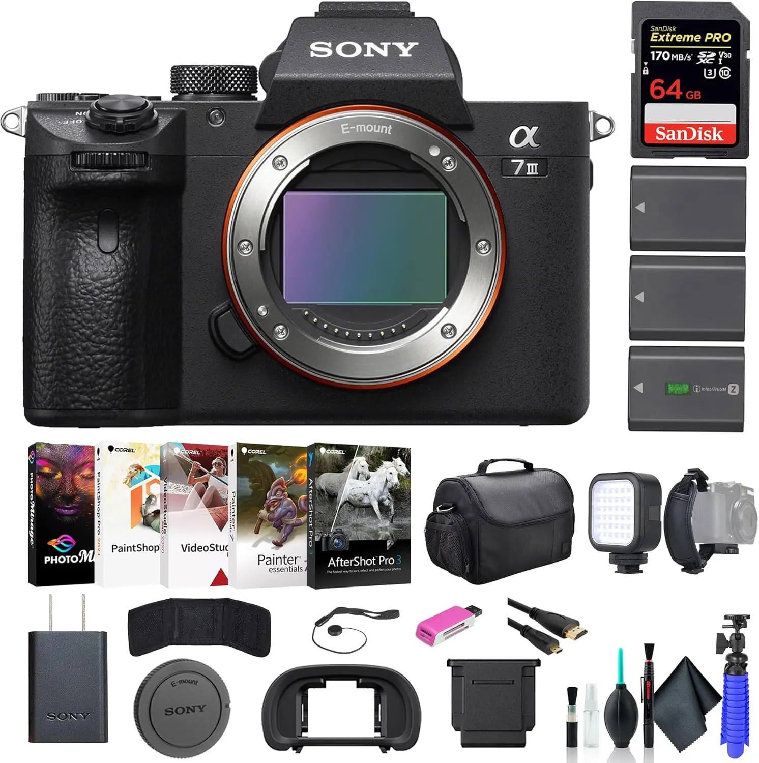 Sony a7 III Mirrorless Camera ILCE7M3/B, 64GB Memory Card, Bag, 2 x NP-FZ100 Compatible Battery, Card Reader, LED Light, Corel Photo Software, HDMI Cable, Flex Tripod, Hand Strap, and More
