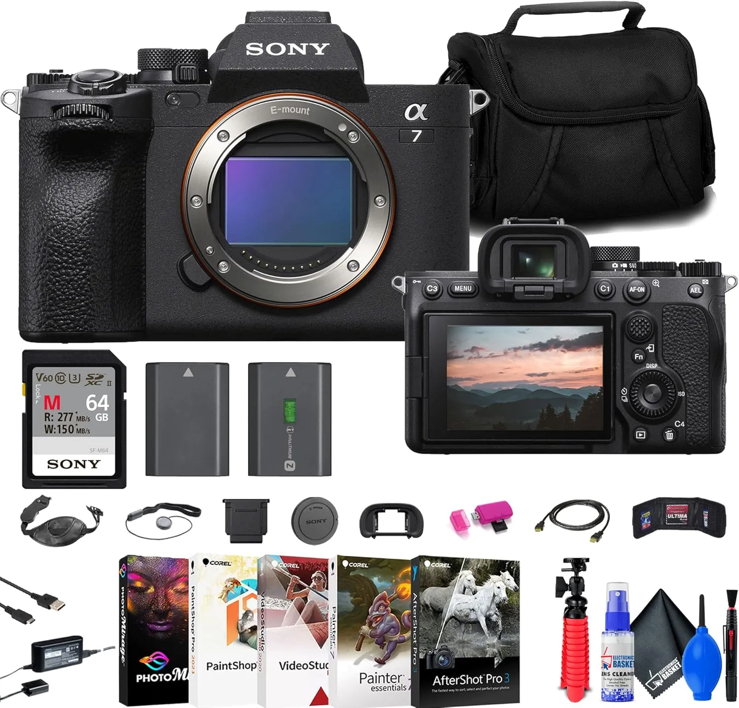 Sony a7 IV Mirrorless Camera (ILCE-7M4/B)   64GB Card   Bag   NP-FZ100 Compatible Battery   Card Reader   Corel Photo Software   Flex Tripod   Hand Strap   Memory Wallet   Cap Keeper   More (Renewed)