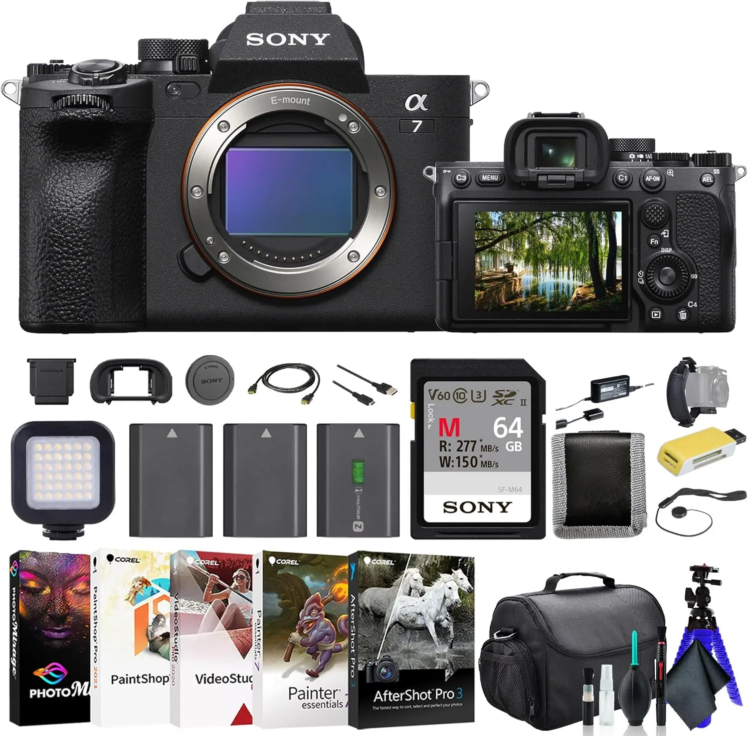 Sony a7 IV Mirrorless Camera ILCE-7M4/B, 64GB Memory Card, Bag, 2 x NP-FZ100 Compatible Battery, Card Reader, LED Light, Corel Photo Software, Flex Tripod, Hand Strap, and More