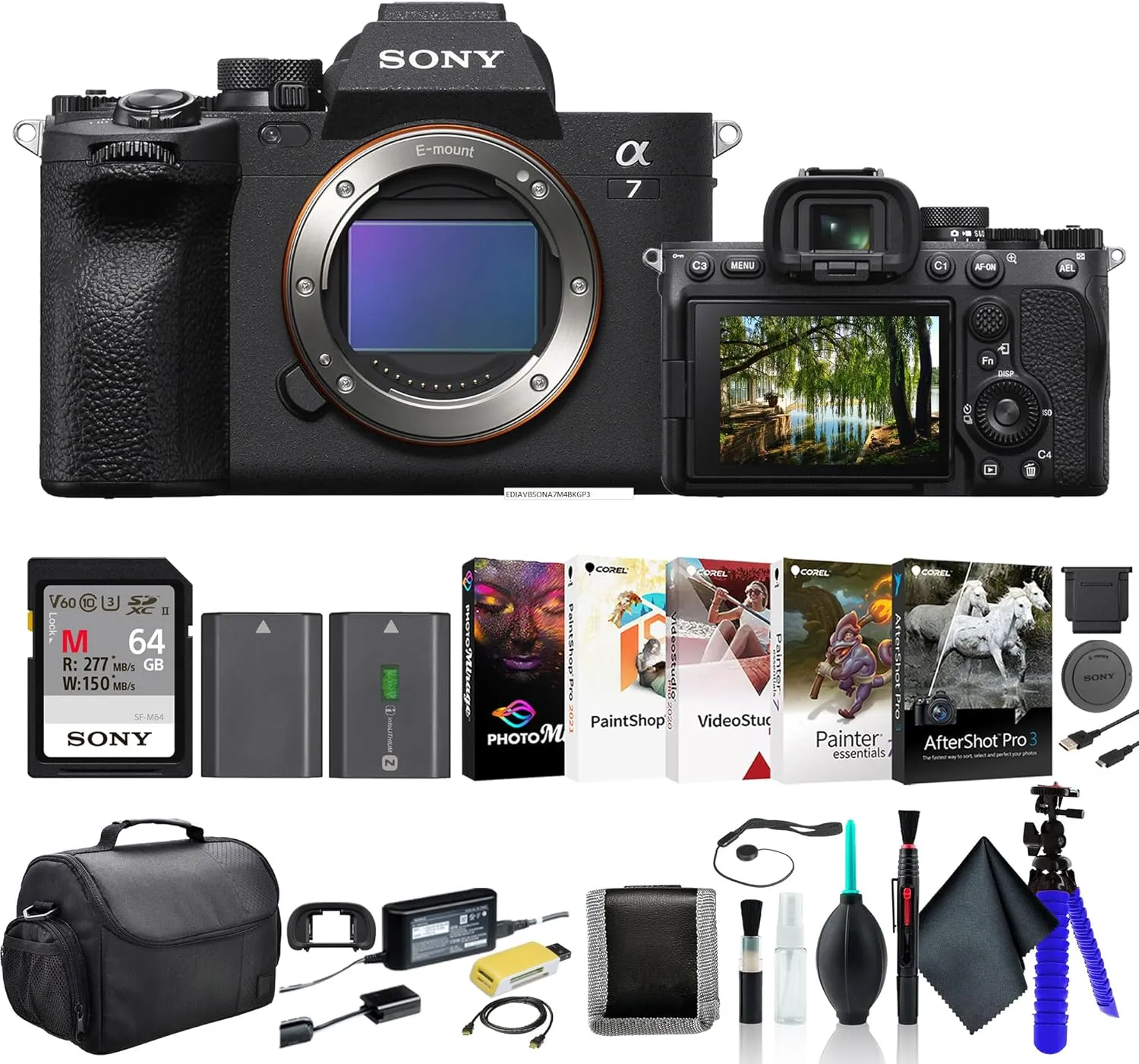 Sony a7 IV Mirrorless Camera ILCE-7M4/B, 64GB Memory Card, Bag, NP-FZ100 Compatible Battery, Card Reader, Corel Photo Software, Flex Tripod, Hand Strap, Memory Card Wallet, Cap Keeper, and More