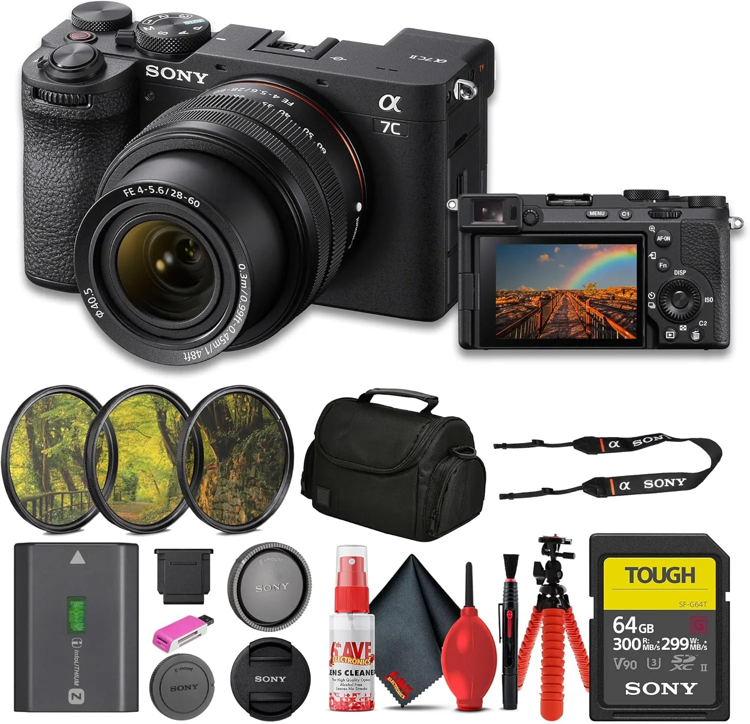 Sony a7C II Mirrorless Camera with 28-60mm Lens (ILCE-7CM2L/B)   64GB SF-G Tough Card   Filter Kit   Bag   Card Reader   Flex Tripod   Cleaning Kit (Renewed)