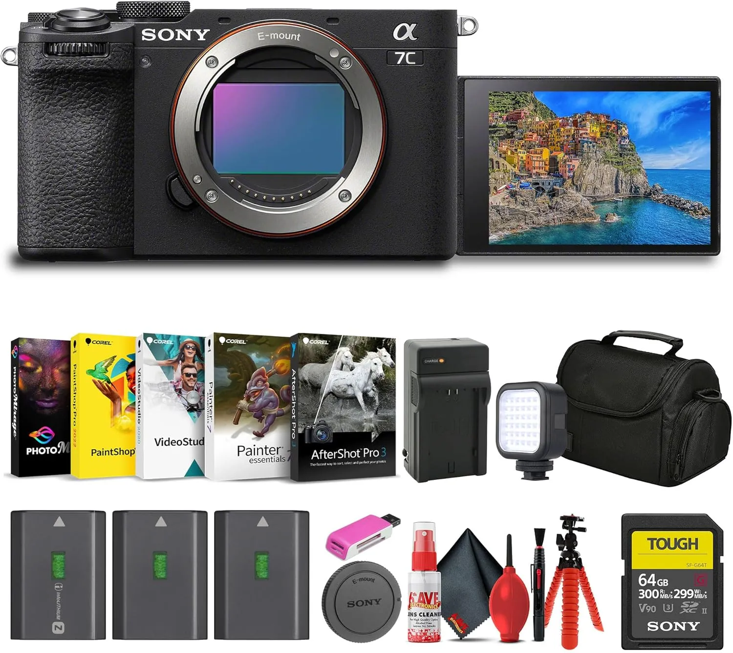 Sony Alpha 7C II Mirrorless Full-Frame Interchangeable Lens Camera (ILCE-7CM2/B)   64GB SF-G Tough Card   Bag   2 x NP-FZ100 Compatible Battery   Corel Software   External Charger   More (Renewed)