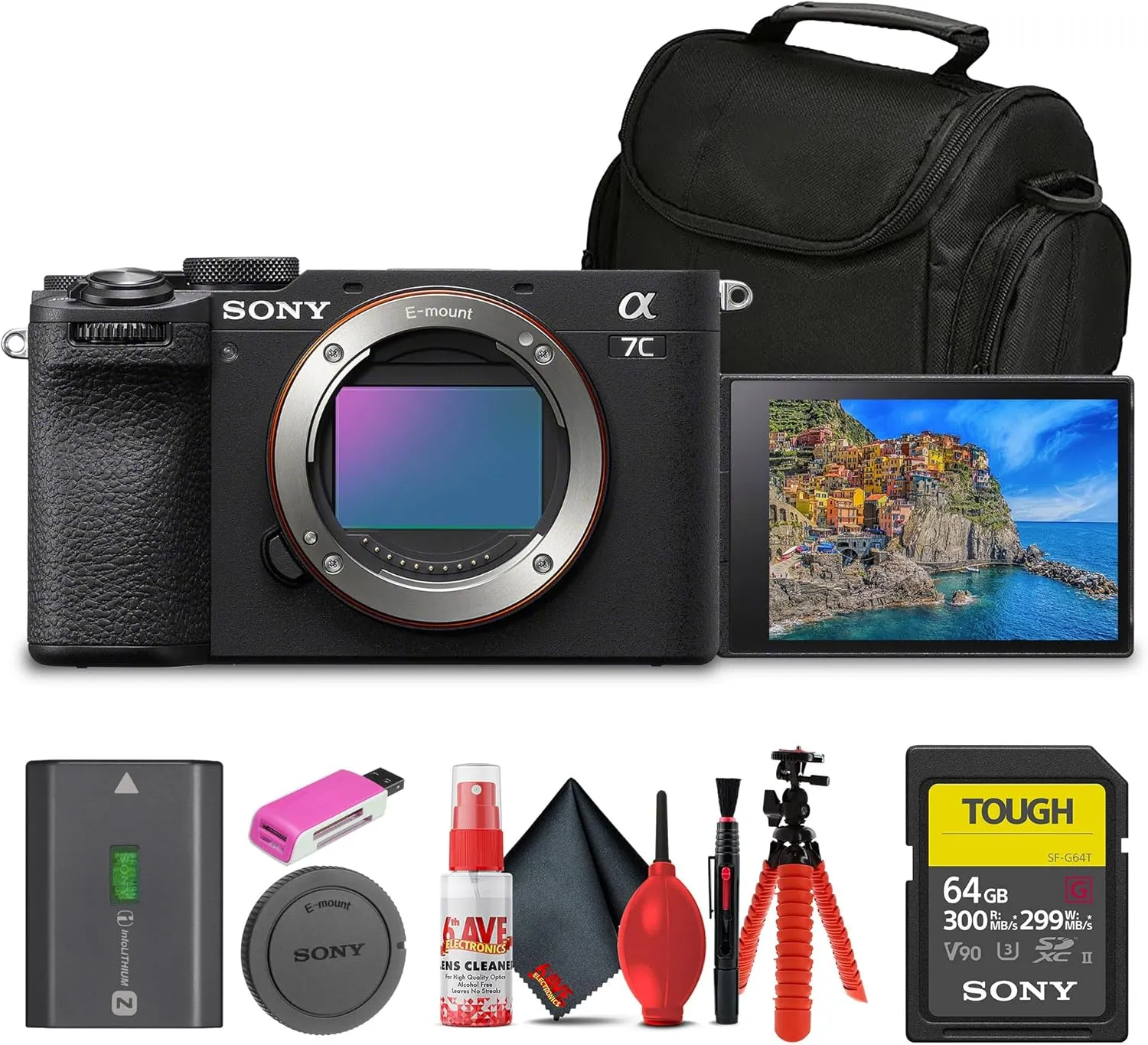 Sony Alpha 7C II Mirrorless Full-Frame Interchangeable Lens Camera (ILCE-7CM2/B)   64GB SF-G Tough Card   Bag   Card Reader   Flex Tripod   Cleaning Kit (Renewed)