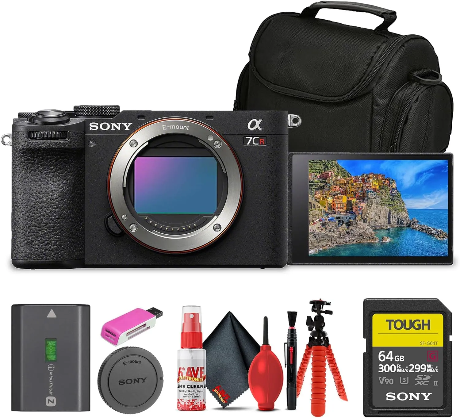 Sony Alpha 7CR Mirrorless Full-Frame Interchangeable Lens Hybrid Camera (ILCE-7CR/B)   64GB SF-G Tough Card   Bag   Card Reader   Flex Tripod   Cleaning Kit (Renewed)