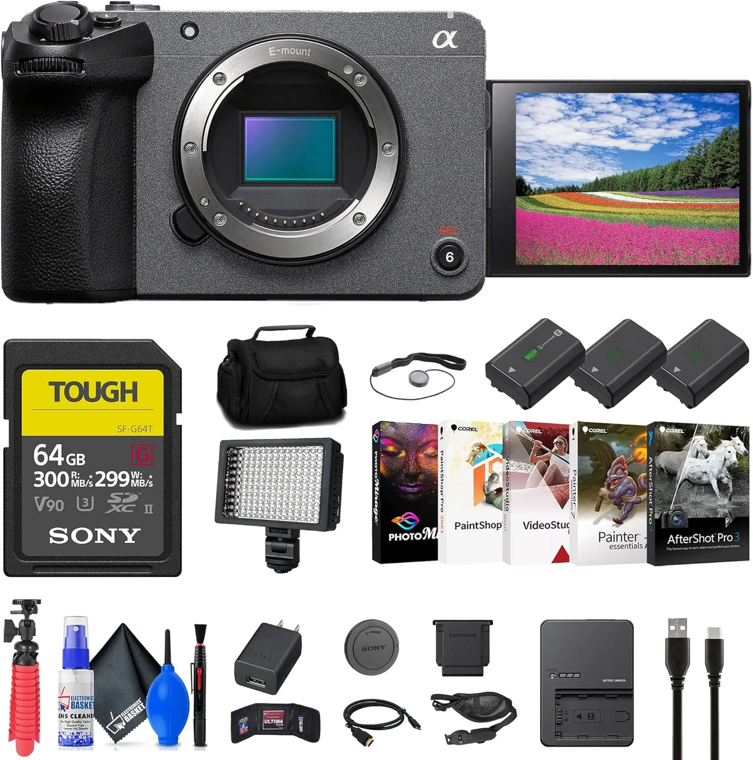 Sony FX30 Digital Cinema Camera (ILME-FX30B)   64GB SF-G Tough Card   Bag   2 x NP-FZ100 Compatible Battery   LED Light   Charger   Corel Photo Software   Flex Tripod   Hand Strap   More (Renewed)