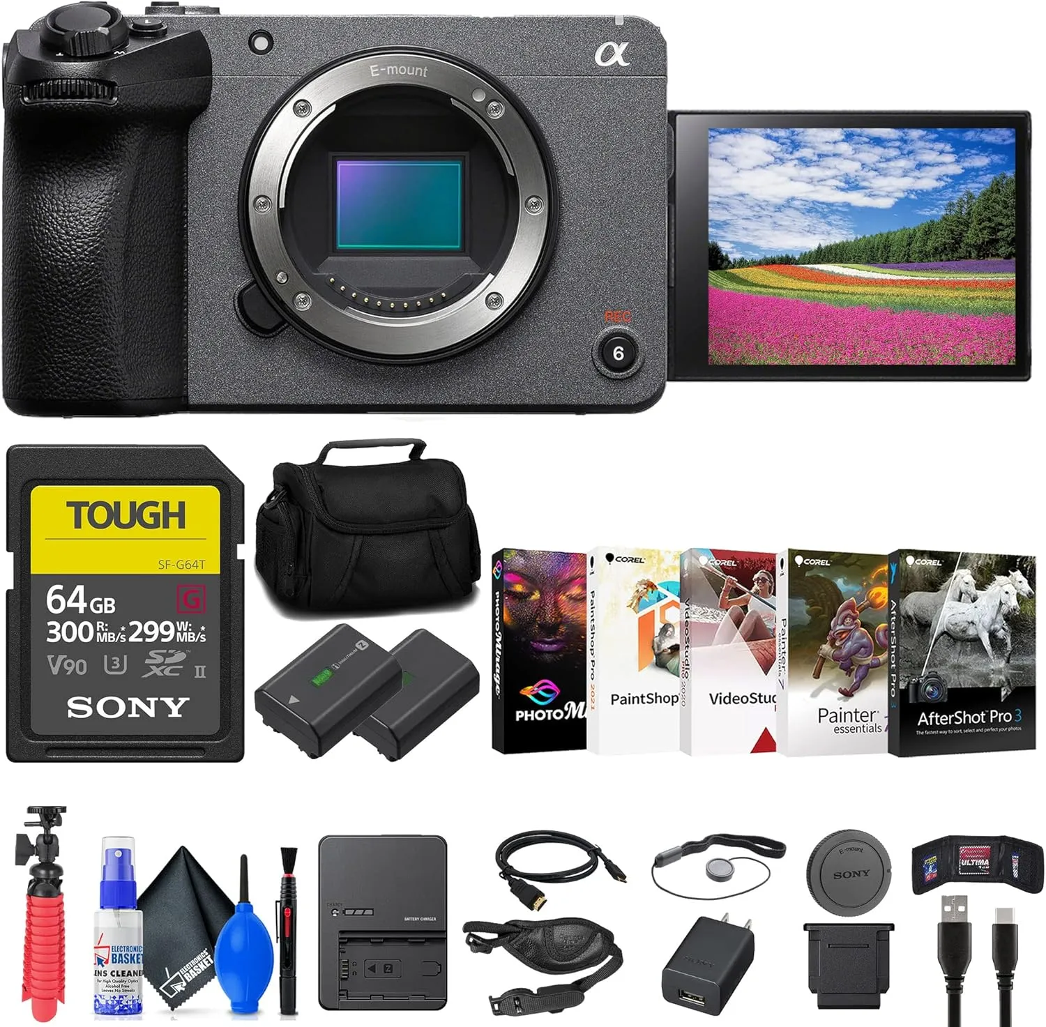 Sony FX30 Digital Cinema Camera (ILME-FX30B)   64GB SF-G Tough Card   Bag   NP-FZ100 Compatible Battery   Charger   Corel Photo Software   Flex Tripod   Hand Strap   Memory Wallet   More (Renewed)