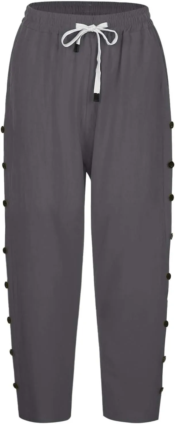 Striped Pants Women Linen Capris for Women Summer Wide Leg Loose Drawstring Elastic Waist Trouser