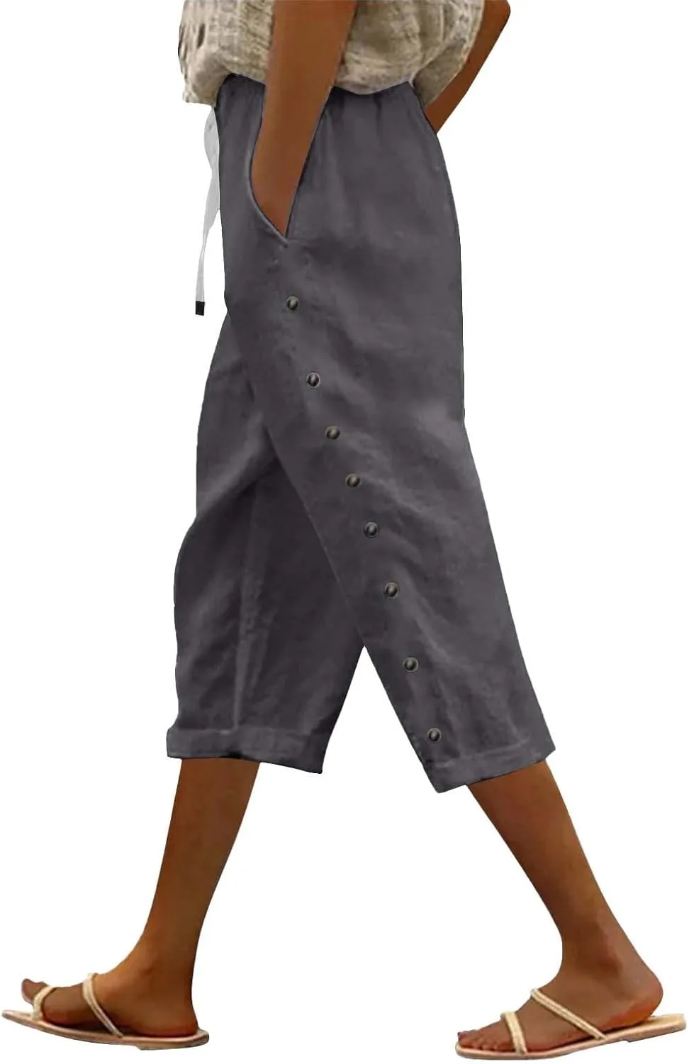 Striped Pants Women Linen Capris for Women Summer Wide Leg Loose Drawstring Elastic Waist Trouser