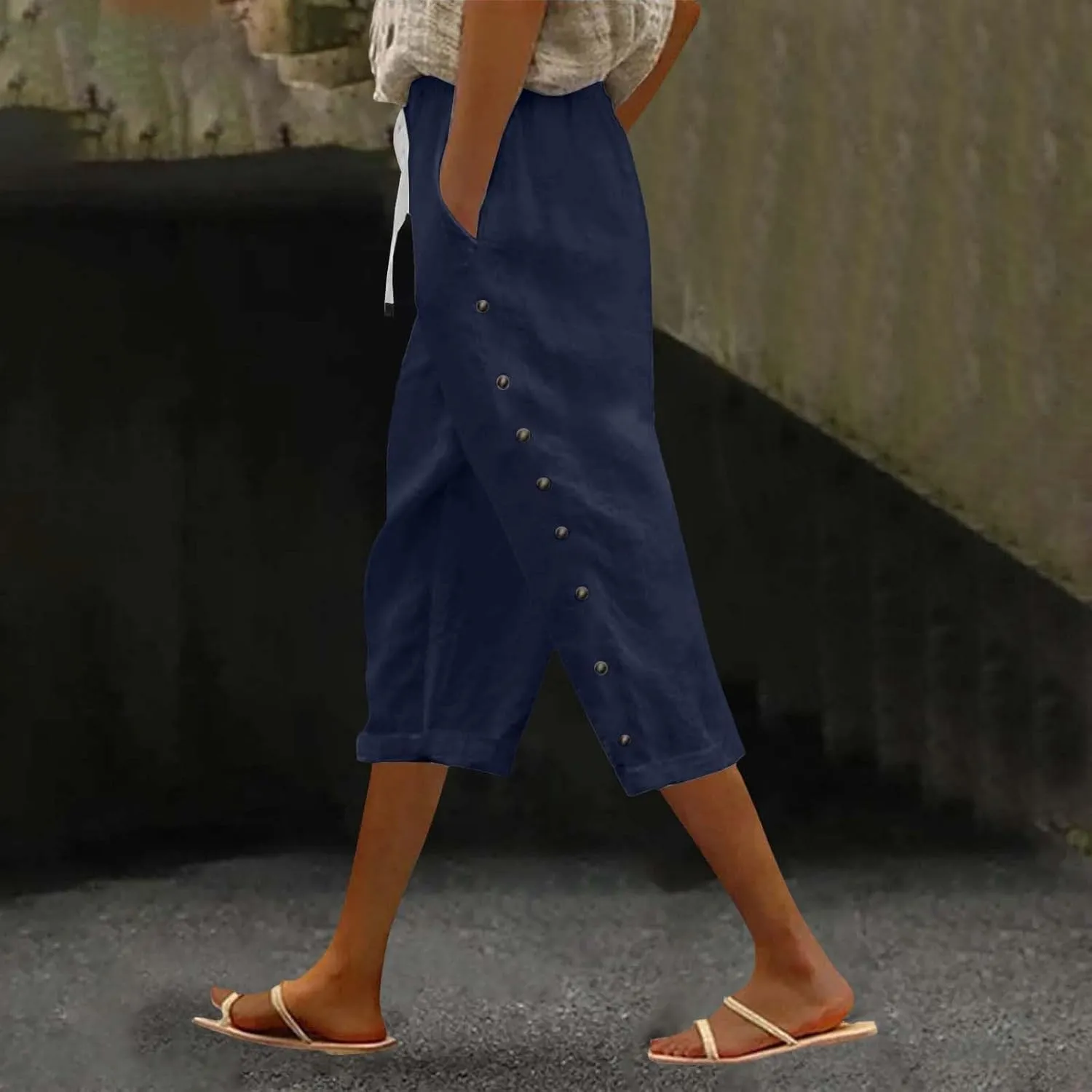 Striped Pants Women Linen Capris for Women Summer Wide Leg Loose Drawstring Elastic Waist Trouser