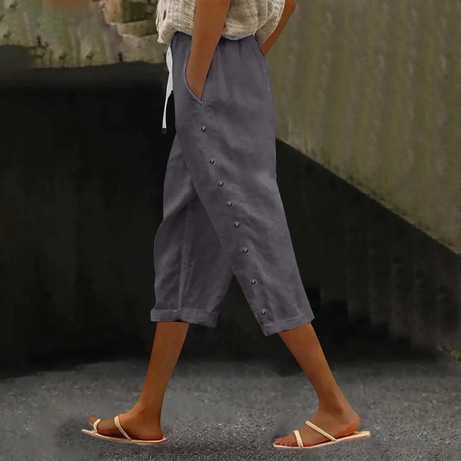 Striped Pants Women Linen Capris for Women Summer Wide Leg Loose Drawstring Elastic Waist Trouser