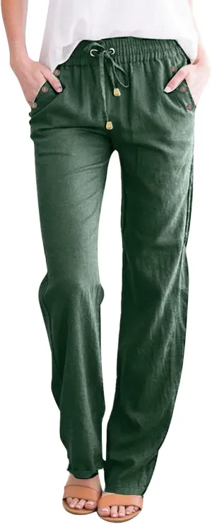 Summer Linen Pants Women Casual Dressy High Waist Straight Leg Pants Business Work Pants Vacation Beach Trousers Pockets