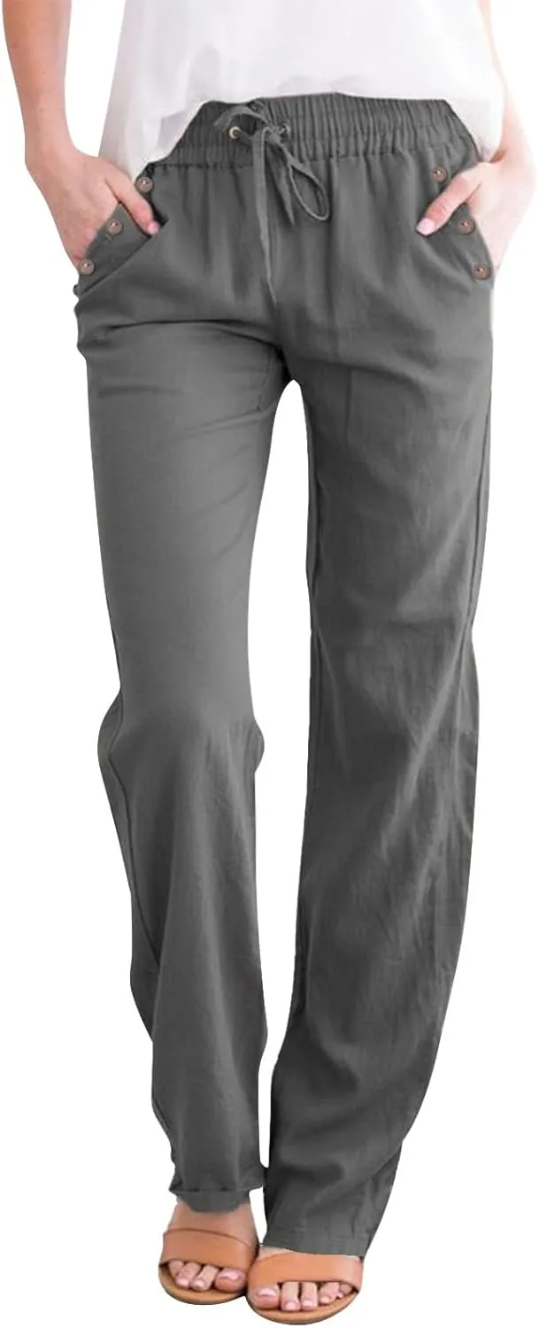 Summer Linen Pants Women Casual Dressy High Waist Straight Leg Pants Business Work Pants Vacation Beach Trousers Pockets