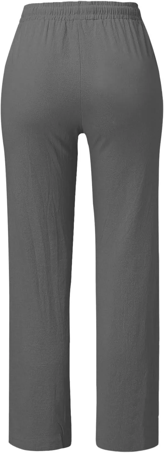 Summer Linen Pants Women Casual Dressy High Waist Straight Leg Pants Business Work Pants Vacation Beach Trousers Pockets