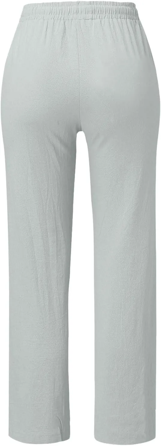 Summer Linen Pants Women Casual Dressy High Waist Straight Leg Pants Business Work Pants Vacation Beach Trousers Pockets