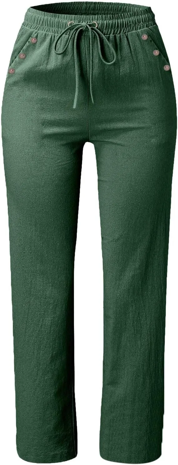 Summer Linen Pants Women Casual Dressy High Waist Straight Leg Pants Business Work Pants Vacation Beach Trousers Pockets