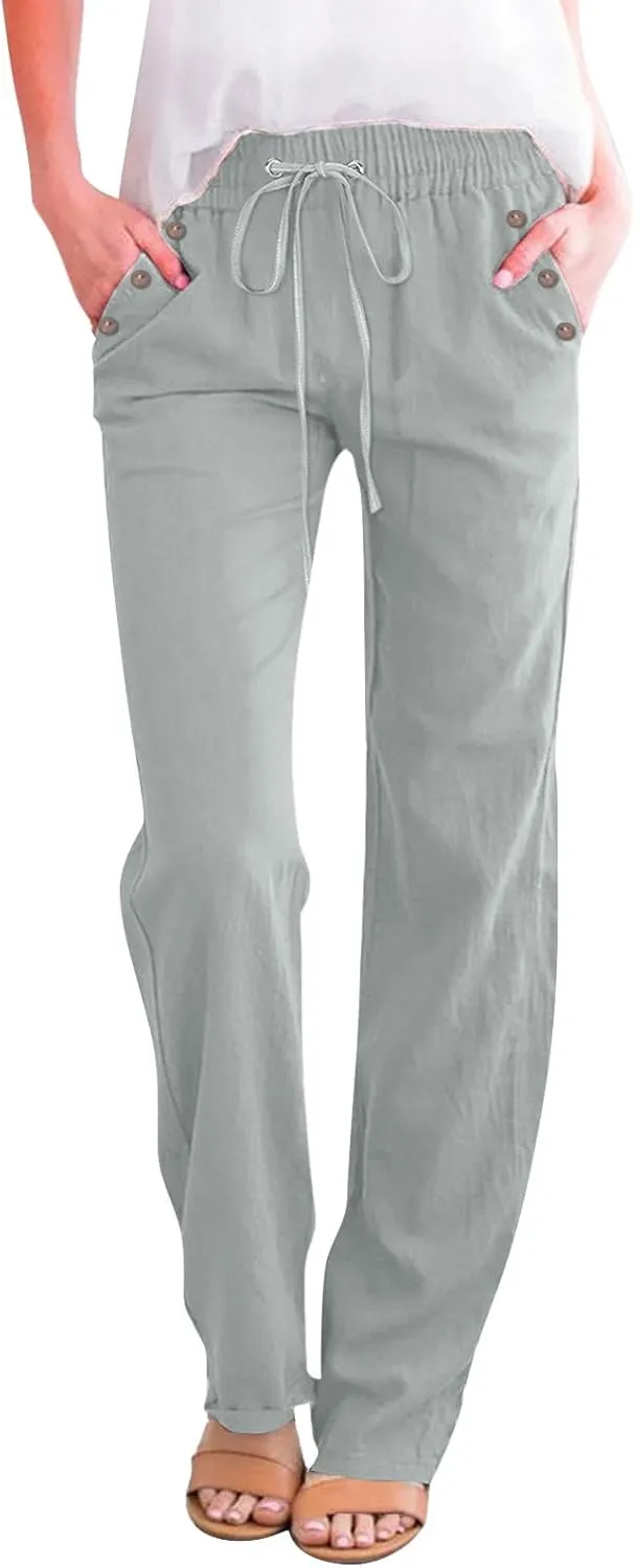 Summer Linen Pants Women Casual Dressy High Waist Straight Leg Pants Business Work Pants Vacation Beach Trousers Pockets