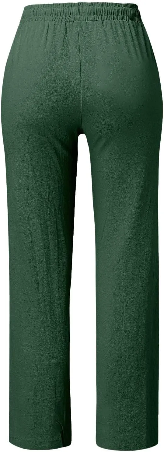 Summer Linen Pants Women Casual Dressy High Waist Straight Leg Pants Business Work Pants Vacation Beach Trousers Pockets