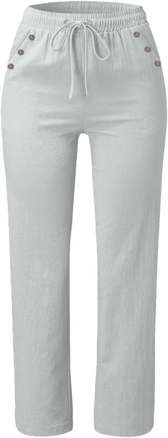 Summer Linen Pants Women Casual Dressy High Waist Straight Leg Pants Business Work Pants Vacation Beach Trousers Pockets