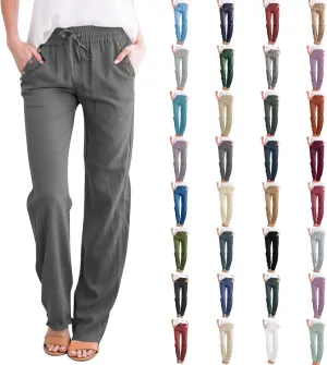 Summer Linen Pants Women Casual Dressy High Waist Straight Leg Pants Business Work Pants Vacation Beach Trousers Pockets