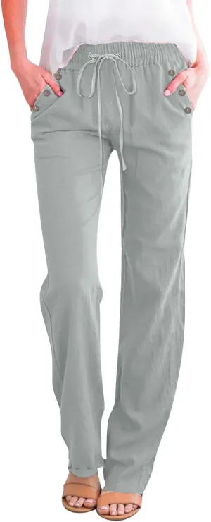 Summer Linen Pants Women Casual Dressy High Waist Straight Leg Pants Business Work Pants Vacation Beach Trousers Pockets