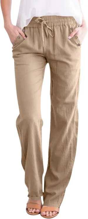 Summer Linen Pants Women Casual Dressy High Waist Straight Leg Pants Business Work Pants Vacation Beach Trousers Pockets