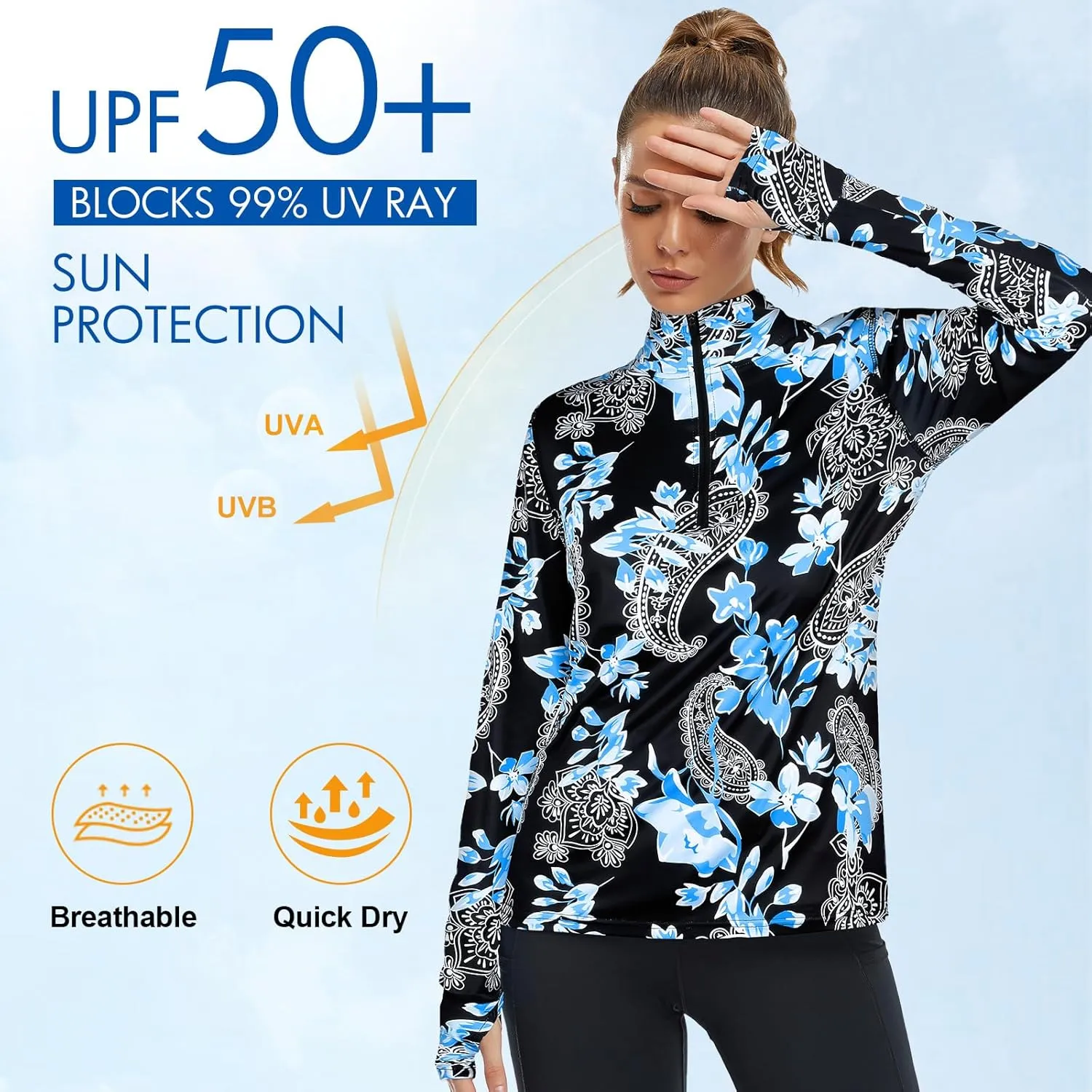Tanst Sky Womens Golf Shirts Long Sleeve Athletic Quarter Zip Pullover Sun Protection Running Hiking Tops