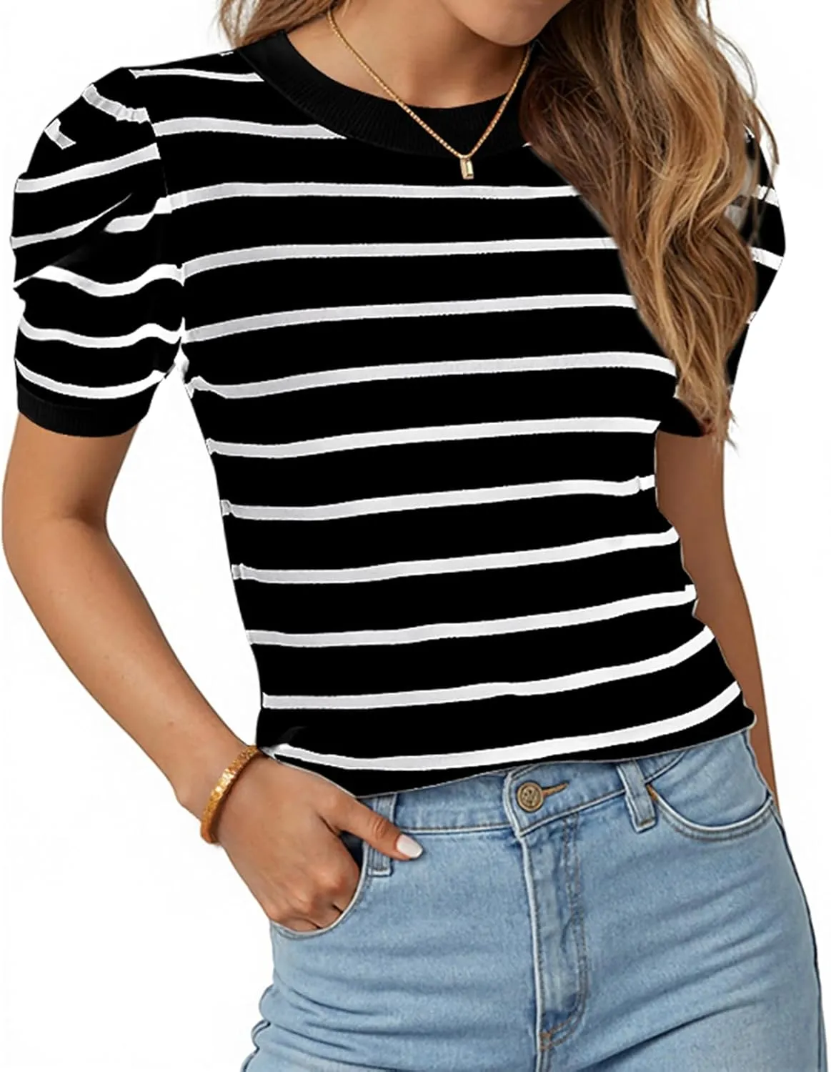TARSE Women's Short Puff Sleeve Knit Tops Striped Crewneck Summer Sweater Casual Pullover Tops Shirts Trendy Outfits 2025