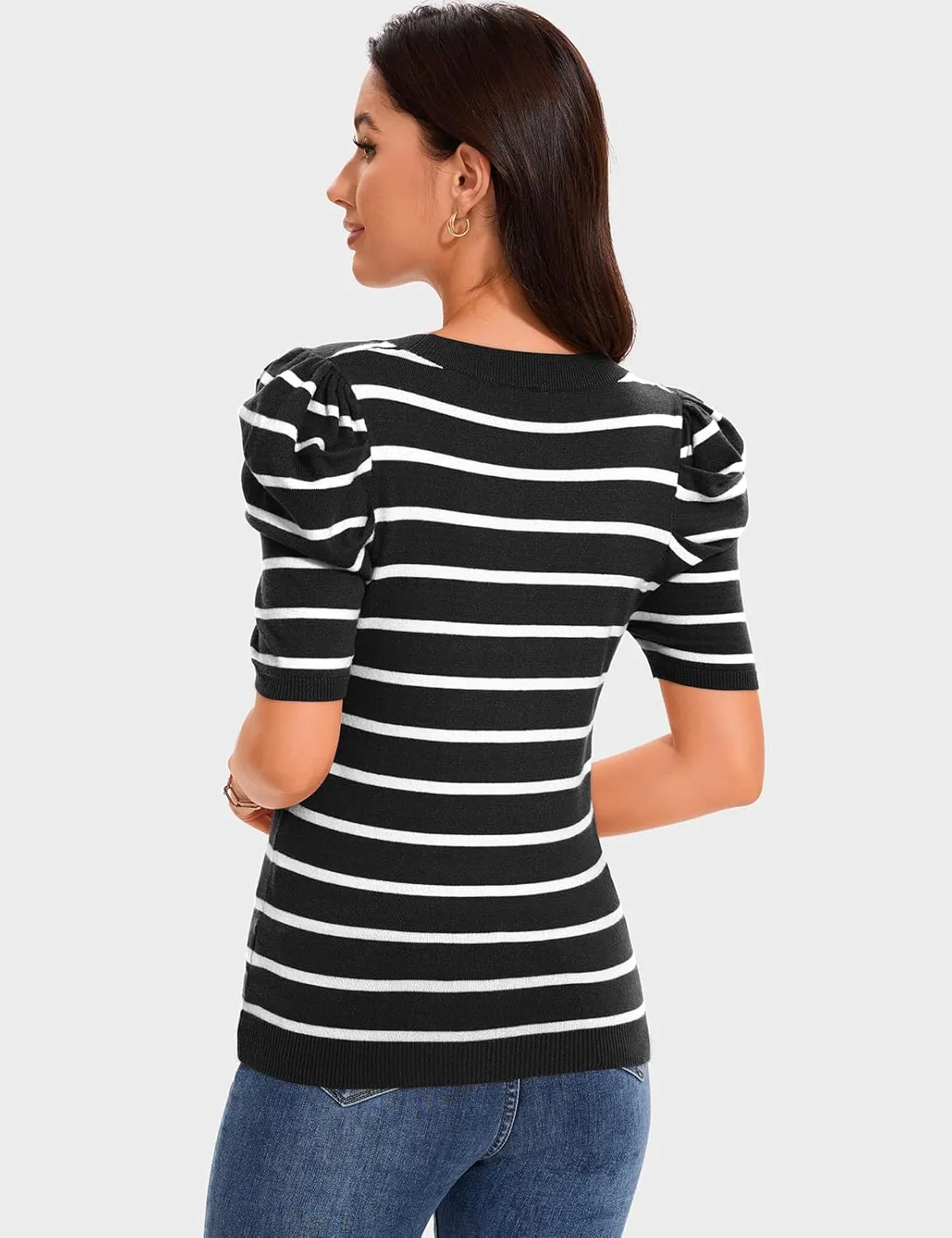 TARSE Women's Short Puff Sleeve Knit Tops Striped Crewneck Summer Sweater Casual Pullover Tops Shirts Trendy Outfits 2025