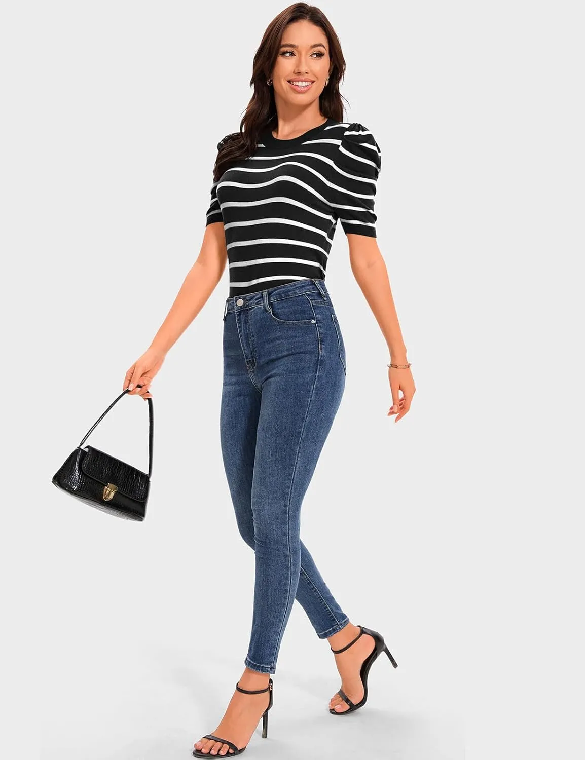 TARSE Women's Short Puff Sleeve Knit Tops Striped Crewneck Summer Sweater Casual Pullover Tops Shirts Trendy Outfits 2025