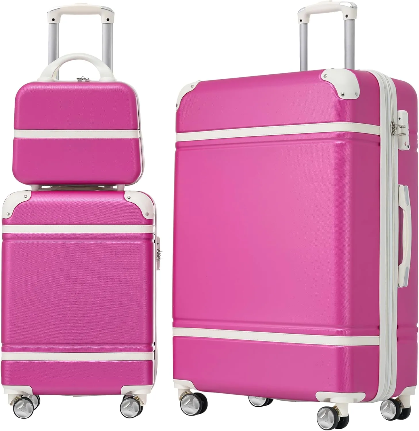 Travel Conveniently with Lightweight Hard Case Luggage Set, 3-Piece Spinner Suitcases and Cosmetic Case, Pink