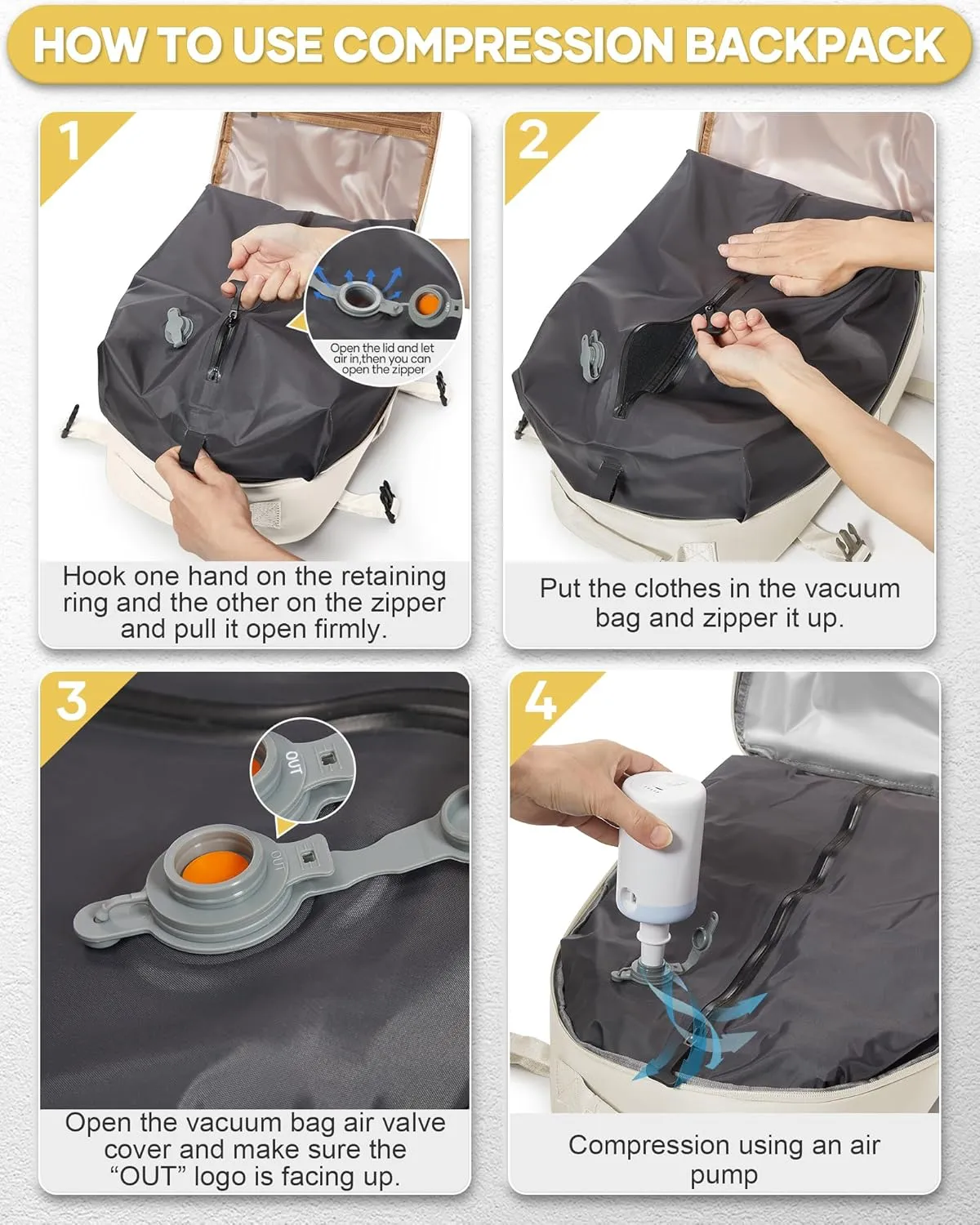 Vacuum Seal Compression Travel Backpack with Pump for Women Men Airback Vacpack laptop Backpacks with Shoe Compartment Vacuum Seal Packing Carry on Backpack for Airplanes College Casual Daypack Beige
