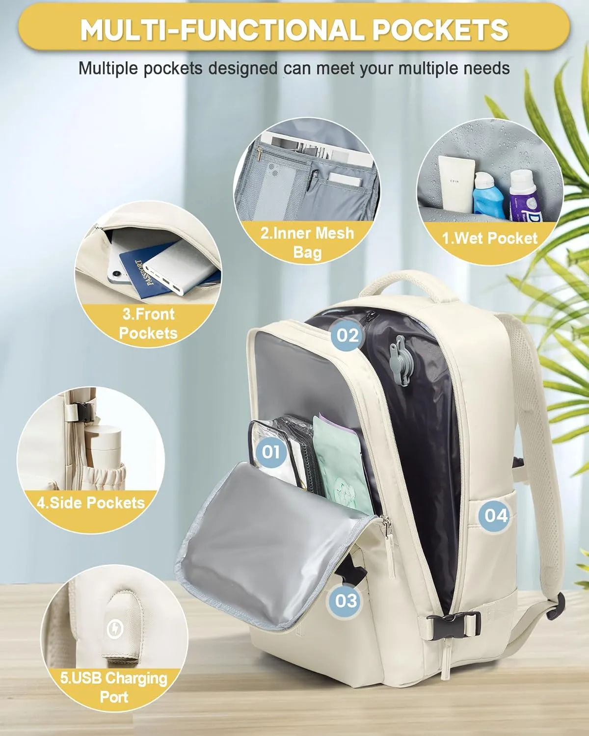 Vacuum Seal Compression Travel Backpack with Pump for Women Men Airback Vacpack laptop Backpacks with Shoe Compartment Vacuum Seal Packing Carry on Backpack for Airplanes College Casual Daypack Beige