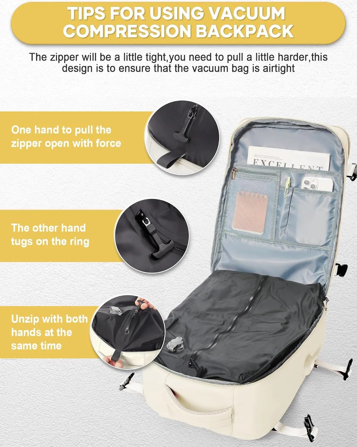 Vacuum Seal Compression Travel Backpack with Pump for Women Men Airback Vacpack laptop Backpacks with Shoe Compartment Vacuum Seal Packing Carry on Backpack for Airplanes College Casual Daypack Beige